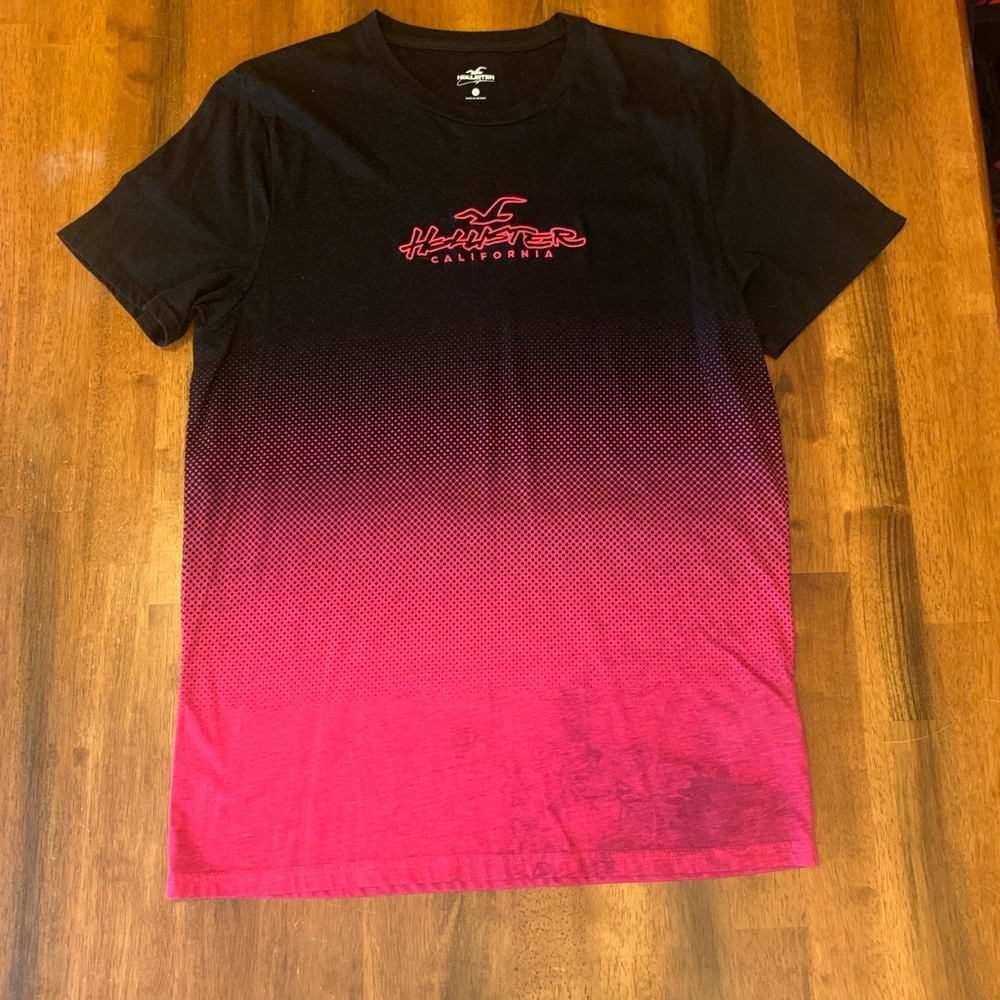Hollister Men's Tee Large Black and Pink Ombre 100% Cotton Short Sleeve Casual